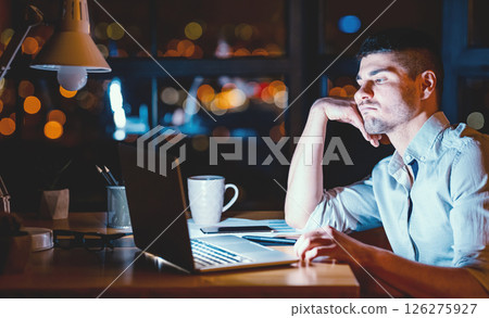 Boring Job. Overworked Business Guy Sitting At Laptop Uninterested In Work In Modern Office At Night. Low Light 126275927