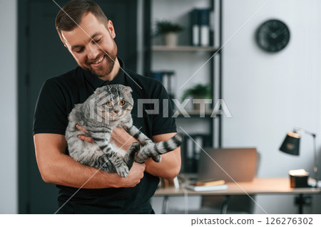 Groomer is taking care of scottish fold gray tabby cat indoors Groomer is taking care of scottish fold gray tabby cat indoors 126276302