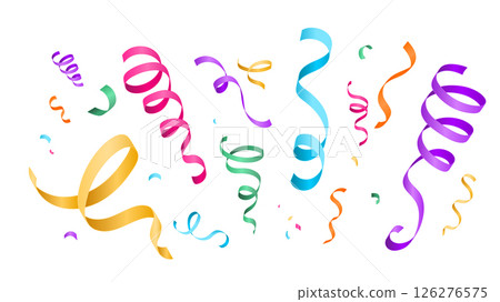 Confetti celebration vector background with colorful 3d gradient serpentine ribbons. Anniversary, carnival, birthday banner illustration in cartoon style with paper streamers. Festive isolated design Confetti celebration vector background with colorful 3d gradient serpentine ribbons. Anniversary, carnival, birthday banner illustration in cartoon style with paper streamers. Festive isolated design 126276575