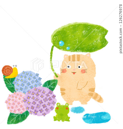 Hydrangea flowers, frogs, snails and cats, puddle, crayon drawing 126276978