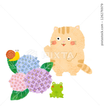 Hydrangea flowers, frogs, snails and cats, crayon drawing 126276979