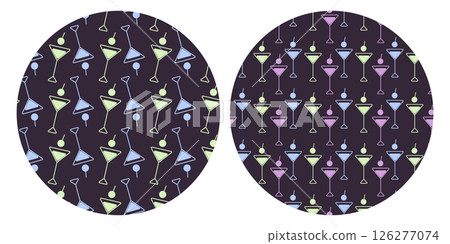 Vibrant Triangular Cocktail glasses Patterns Neon hues Colorful Design on Circle dark Background Set Vibrant Triangular Cocktail glasses Patterns Neon hues Colorful Design on Circle dark Background Set 126277074