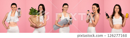 A fit woman stands confidently against a pink backdrop, holding various items like a water bottle, exercise mat, and fresh produce, promoting a healthy lifestyle and fitness routine. A fit woman stands confidently against a pink backdrop, holding various items like a water bottle, exercise mat, and fresh produce, promoting a healthy lifestyle and fitness routine. 126277168