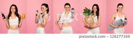 A woman demonstrates her commitment to fitness by holding workout gear, a water bottle, healthy food, and exercising accessories. Each pose reflects her dynamic healthy lifestyle and energy. A woman demonstrates her commitment to fitness by holding workout gear, a water bottle, healthy food, and exercising accessories. Each pose reflects her dynamic healthy lifestyle and energy. 126277169