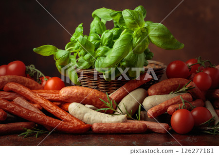 Various sausages with basil, onion, rosemary, and tomatoes on a brown background. Various sausages with basil, onion, rosemary, and tomatoes on a brown background. 126277181