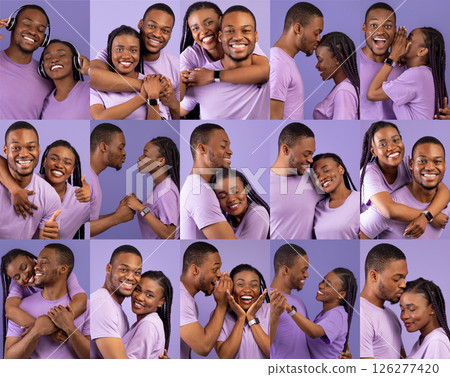 A young African American couple shares joyful and affectionate moments, showcasing their love and connection. Each expression highlights their bond on a special day filled with romance. 126277420