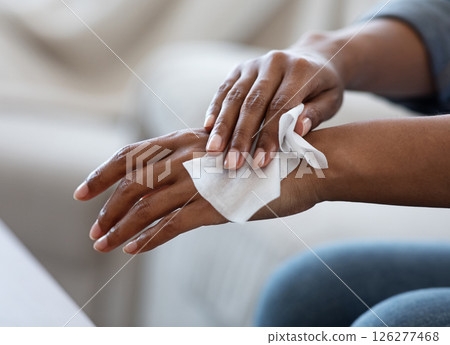 Antibacterial Wipes. African American Woman Disinfecting Hands With Wet Tissues At Home, CloseUp 126277468
