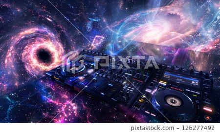 A close-up shot of a DJ mixer in front of a colorful galaxy with swirling clouds of gas and stars. 126277492