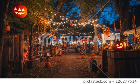 An enchanting autumn market filled with colorful pumpkins and decorations, illuminated by string lights, creating a festive atmosphere as evening descends during the Halloween season. 126277514
