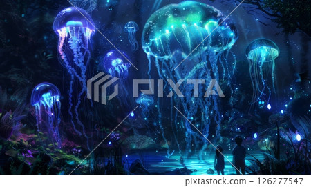 Two figures stand at the edge of a pool of water, surrounded by glowing jellyfish and bioluminescent plants in a dark, mystical forest. 126277547