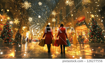 Two individuals in vibrant red coats stroll through a festive market filled with twinkling lights, holiday decorations, and colorful trees while carrying shopping bags, creating a joyful atmosphere. 126277556
