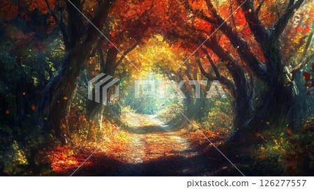 A serene forest pathway winds through towering trees adorned in vibrant autumn leaves. The warm light filters through the branches, creating a magical atmosphere perfect for a peaceful stroll. 126277557