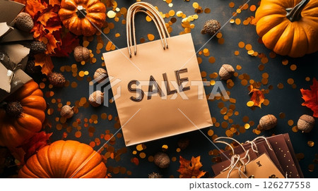 A brown paper bag marked with the word SALE sits among vibrant autumn leaves, pumpkins, and acorns, creating a cozy fall atmosphere ideal for seasonal shopping events. 126277558