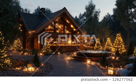 A charming cabin is beautifully decorated with twinkling holiday lights, surrounded by glowing trees and lanterns. 126277562
