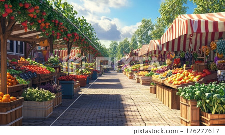 Brightly colored stalls filled with fresh fruits and vegetables line a sunny market path, surrounded by green trees. 126277617