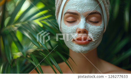 A woman with a white mask covering her face. A woman with a white mask covering her face. 126277633