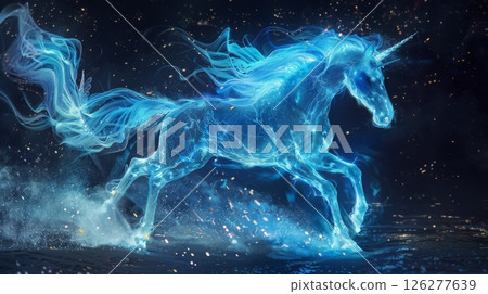 A blue unicorn runs through the night, leaving a trail of sparkling dust in its wake. 126277639
