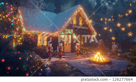 A house is covered in twinkling Christmas lights, with snow falling gently on the roof. The front door is decorated with a wreath and three nutcrackers stand in front. 126277664