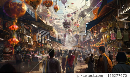 People walk through a busy market street lined with shops and stalls. The street is decorated with colorful lanterns hanging from overhead wires. 126277670