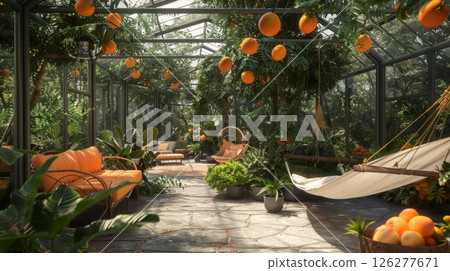 A serene greenhouse showcases vibrant orange trees, cozy seating areas, and lush greenery illuminated by daylight. 126277671