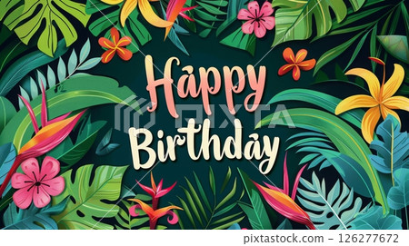 A vibrant background featuring lush tropical foliage and colorful flowers, beautifully displaying the message celebrating a birthday. 126277672