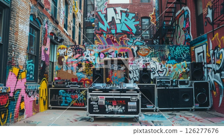 A DJ setup is set up in a graffiti-covered alleyway with speakers and turntables. 126277676