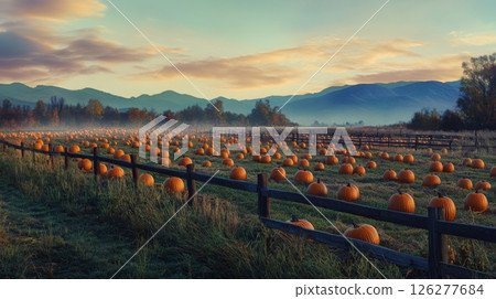 Rows of vibrant orange pumpkins fill the field at dawn, surrounded by a gentle mist and silhouetted mountains. The serene atmosphere invites visitors to enjoy the beauty of autumn harvest. 126277684