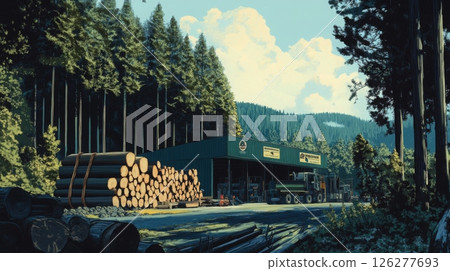 A timber mill operates with stacked logs nearby, nestled among towering trees under a clear blue sky. 126277693