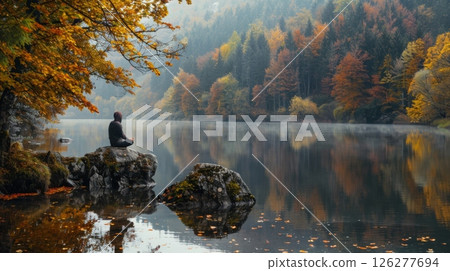 A person sits peacefully on a rock by a serene lake, surrounded by vibrant autumn trees reflecting on the water's surface at dawn. 126277694