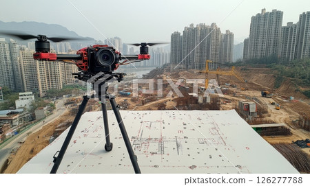 A drone is positioned on a blueprint overlooking an expansive construction site surrounded by towering buildings on a cloudy day. Heavy machinery operates in the background. 126277788