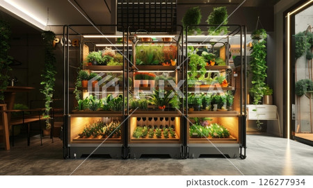 A modern indoor garden with plants growing under artificial light in a sleek, metal structure with a wooden frame. 126277934