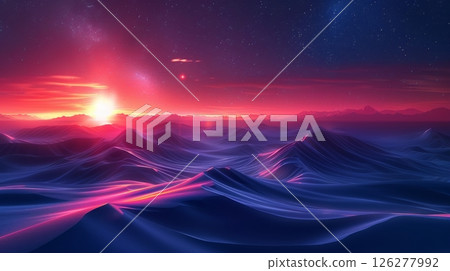 A detailed painting showing a vibrant sunset casting warm hues over a majestic mountain range in the distance. A detailed painting showing a vibrant sunset casting warm hues over a majestic mountain range in the distance. 126277992