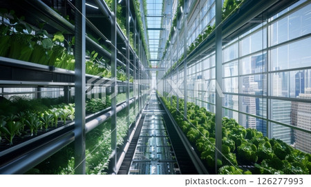 A vertical farm in a modern skyscraper with rows of plants growing on shelves. The farm is located in a city, with a view of other skyscrapers through the windows. A vertical farm in a modern skyscraper with rows of plants growing on shelves. The farm is located in a city, with a view of other skyscrapers through the windows. 126277993