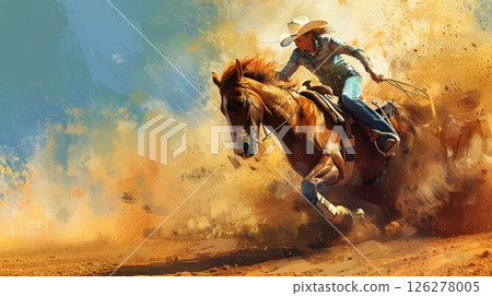 A cowgirl expertly rides her horse through a swirling cloud of dust, showcasing skill and precision in a rodeo event. 126278005