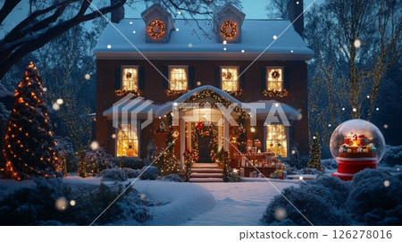 A cozy brick house is adorned with twinkling lights and festive decorations. Snow gently falls as the pathway leads to a warm entrance, creating a magical winter atmosphere. 126278016
