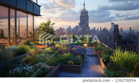 The rooftop garden is alive with colorful flowers and greenery, offering a stunning view of the New York City skyline as the sun sets, casting warm tones across the landscape and buildings. 126278054