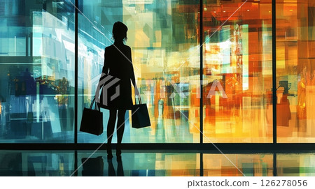 A silhouette of a woman holding two shopping bags stands in front of a large window. The window reflects a blurry city scene, with bright colors and geometric patterns. 126278056