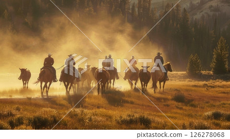 A group of cowboys on horseback rides through a foggy meadow at dawn, surrounded by mountains and trees. 126278068