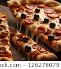 Taking pizza slice up with grilled cheese Stretching, close up, promotion photo 126278079