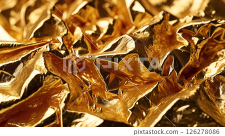 close up crumpled gold aluminum foil texture background, abstract pattern of tinfoil, copy space 126278086