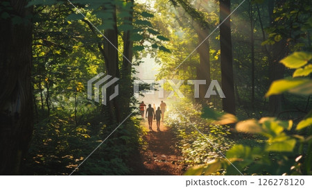 A group of people hike through a sunlit forest path, with sunlight streaming through the trees. 126278120