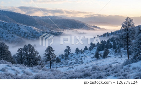 A tranquil winter scene unfolds as fog gently hugs the snow-covered hills, enveloping the landscape in a soft glow at dawn. 126278124