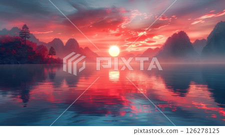 The sun sets over a calm body of water, casting a warm glow on the mountains in the distance. 126278125