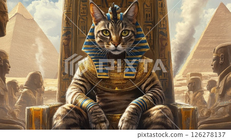 A regal cat adorned in traditional Egyptian dress lounges on a grand throne, with the Great Pyramids soaring in the background, showcasing an ancient civilization's iconic architecture and culture. 126278137