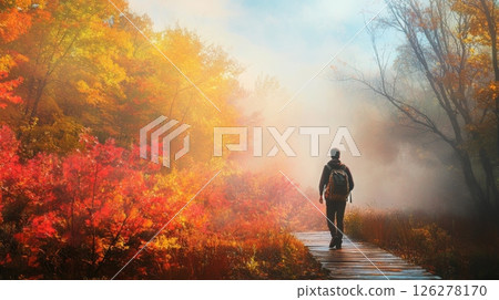 A single person is walking down a wooden path that is surrounded by a misty forest. The trees are covered with vibrant red, yellow, and orange leaves. 126278170
