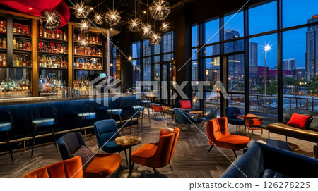 An inviting bar features an elegant design with colorful seating arranged around small tables, illuminated by stylish light fixtures. Large windows reveal a vibrant city skyline under evening skies. An inviting bar features an elegant design with colorful seating arranged around small tables, illuminated by stylish light fixtures. Large windows reveal a vibrant city skyline under evening skies. 126278225