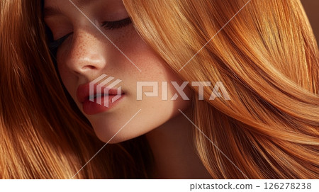 A young woman with striking red hair gently poses, her eyes closed, showcasing textured strands glistening in warm, natural light. Freckles accentuate her serene expression. 126278238