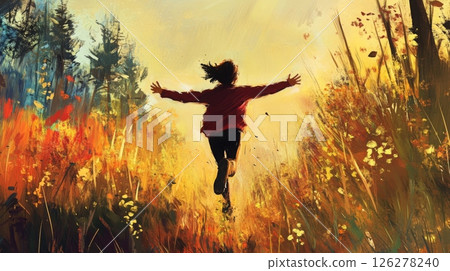 A child in a red jacket runs freely through tall grass and colorful autumn foliage, celebrating the beauty of nature as the sun sets behind the trees, creating a warm, inviting atmosphere. 126278240