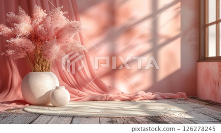 A vase filled with pink flowers placed on a wooden table in a simple and elegant setting. 126278245