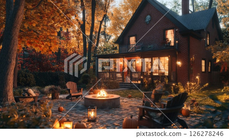 A warm autumn evening unfolds around a crackling fire pit, surrounded by pumpkins and cozy seating. The inviting brick house is framed by colorful fall foliage, creating a serene atmosphere. 126278246